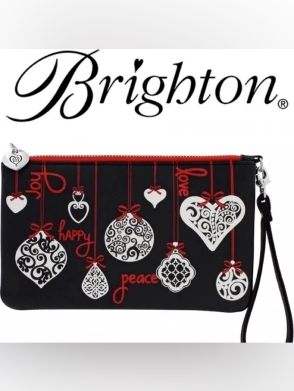 Brighton Love Notes Christmas Ornament Wristlet Cosmetic Bag 8"x5" Black Red NWT